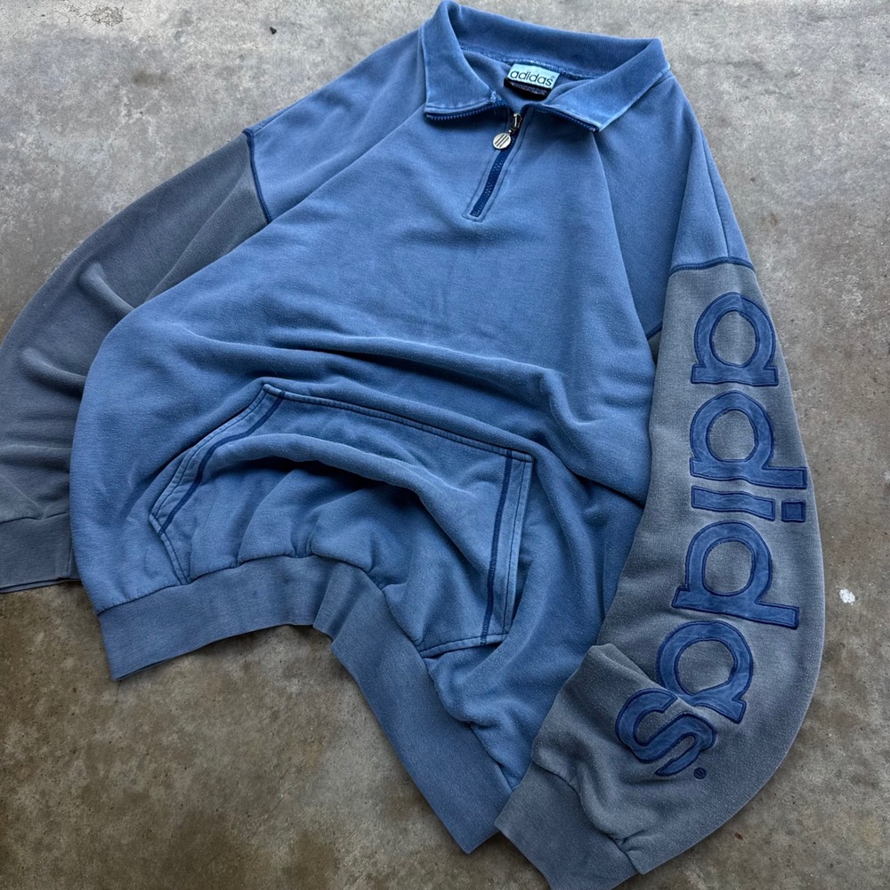 Vintage 90s Adidas Quarter Zip Sweatshirt Sleeve Hit Blue 2XL (g6)